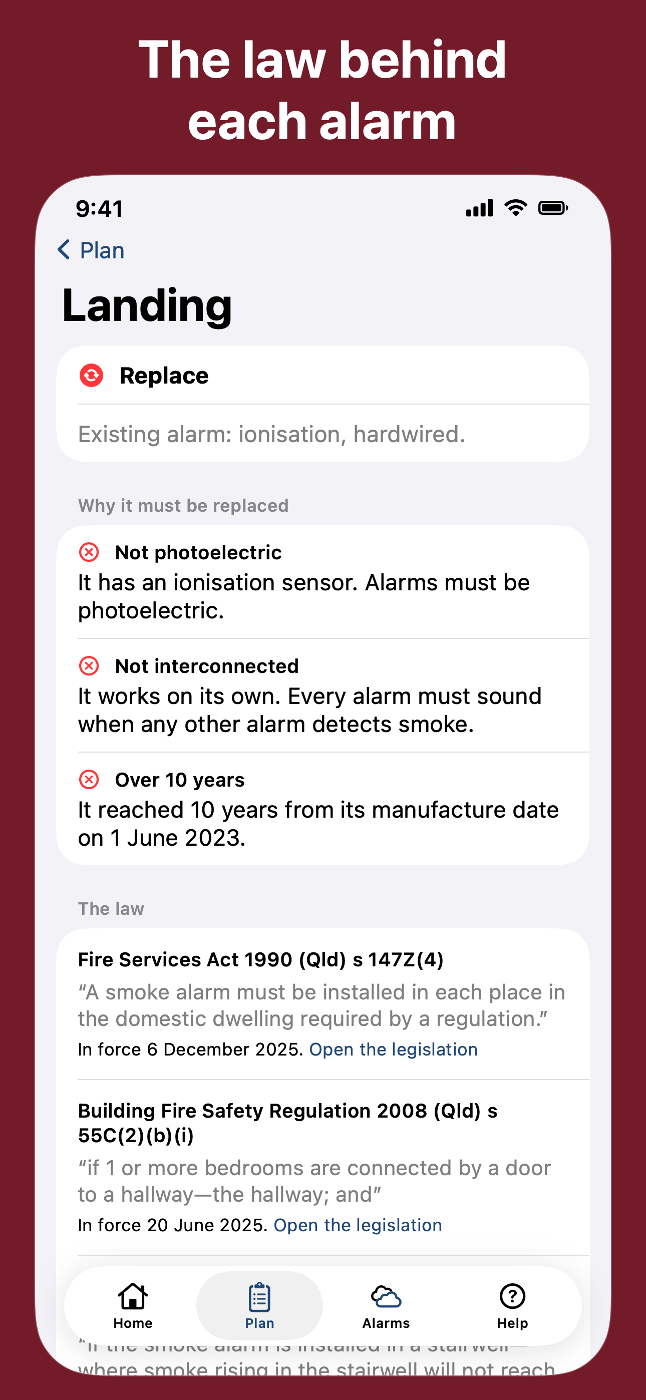 One alarm's detail: why it must be replaced, and the sections of Queensland law quoted word for word.