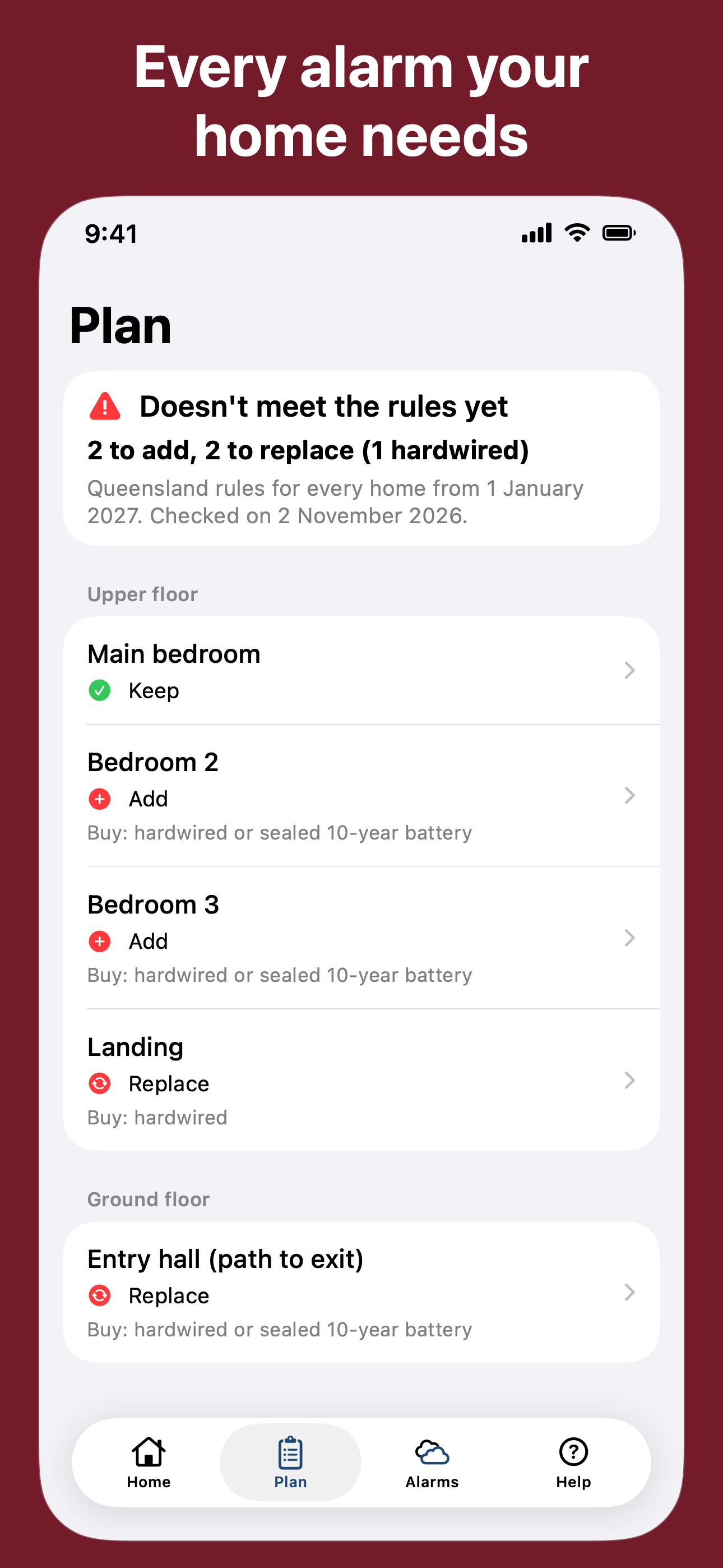 The Plan screen for a two-storey, three-bedroom home: 2 alarms to add and 2 to replace, listed by storey.
